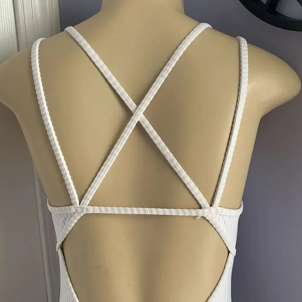 Designer low cut Sexy plunge Ribbed Swimsuit Swimwear White